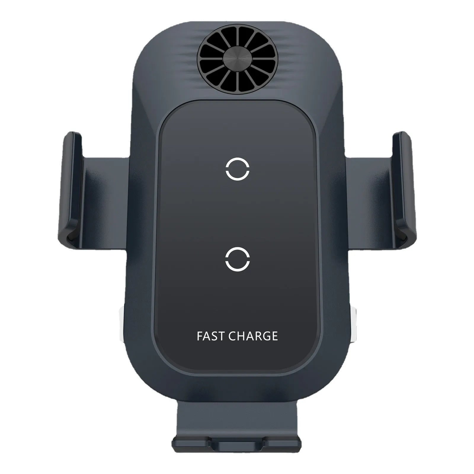 Black car wireless phone charger mounted on a vehicle air vent, showing phone held in auto-clamp.