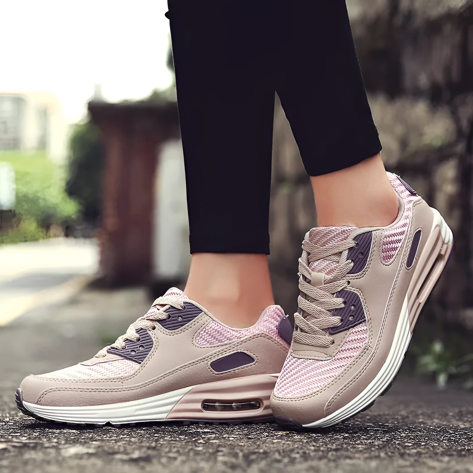 Women's low-heel casual shoes in beige orange, grey, and pink purple on a white background.
