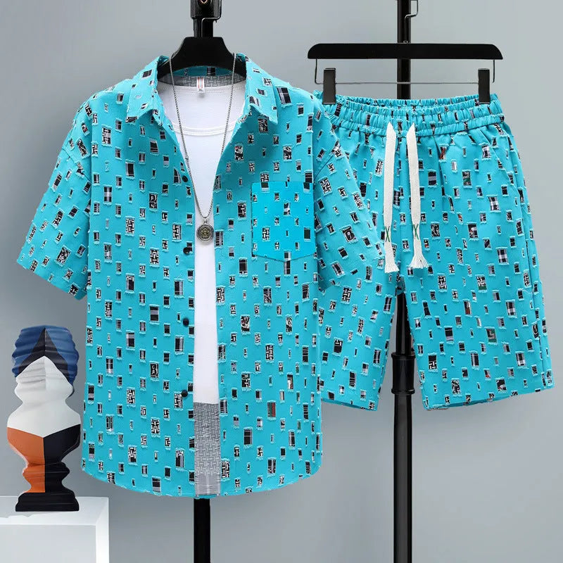 Men's casual sports two-piece set with short sleeve top and matching shorts in polyester fibre