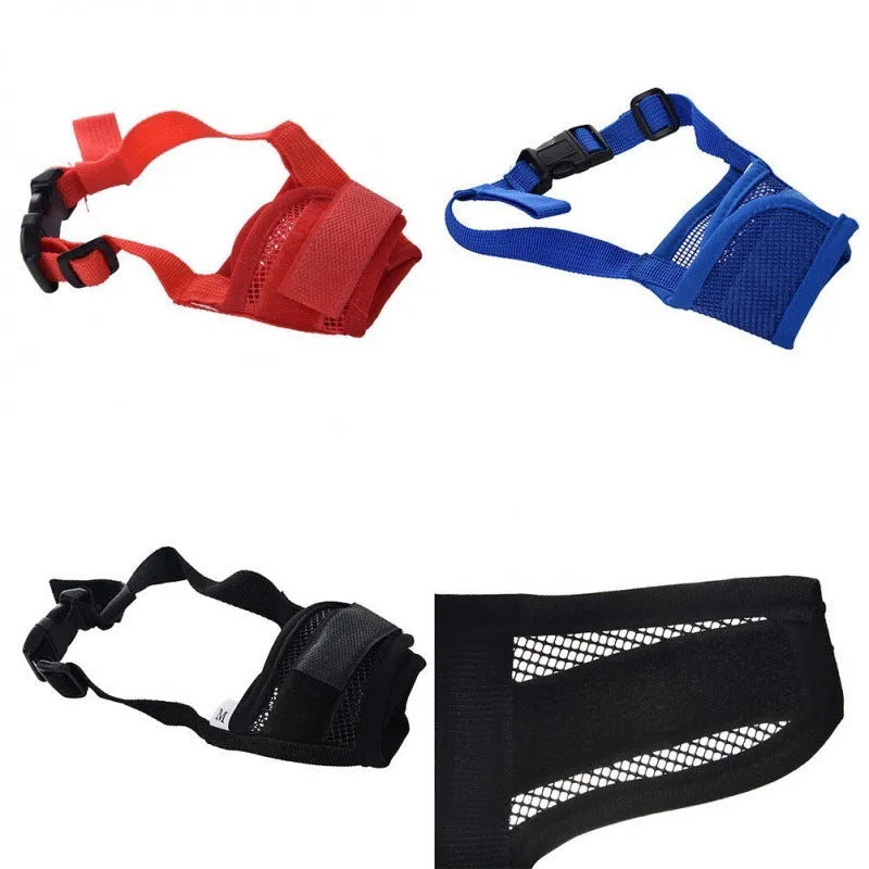Adjustable plastic dog safety muzzle shown in multiple colours and sizes for biting and barking control.