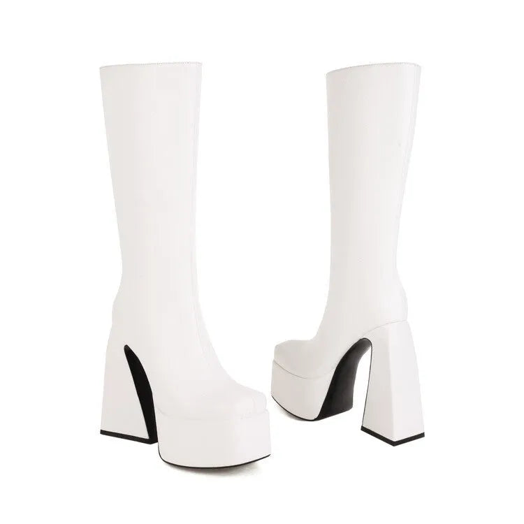 Women's casual high-top boots in black, red, blue, and white colours, showing the PU upper material.
