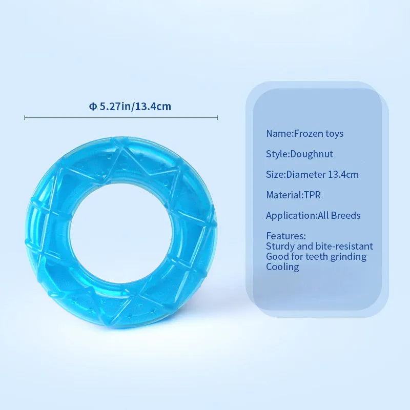 Dog cooling toy set with water-filled ice sticks and three teething toy shapes: pacifier, popsicle, and ring