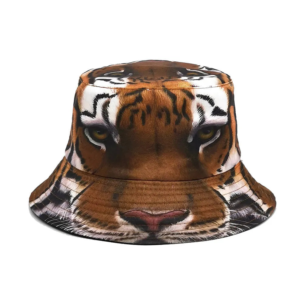 Retro tiger print bucket hat in khaki colour with dome crown for sun protection.