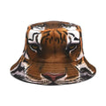 Retro tiger print bucket hat in khaki colour with dome crown for sun protection.
