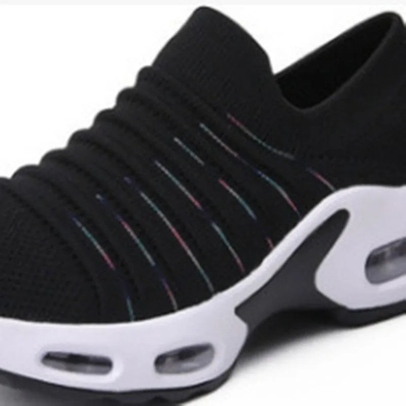 Women's plus size stretch knit socks shoes in Tao dark blue colour with mesh upper and low heel.