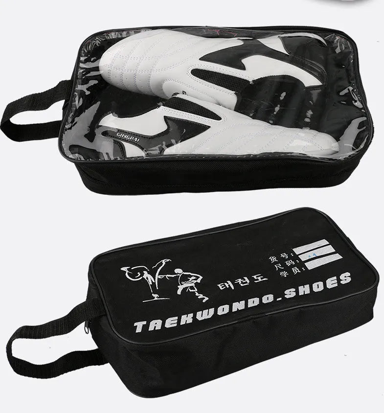 Black and white children's martial arts shoes with soft sole and widened fit for boxing training