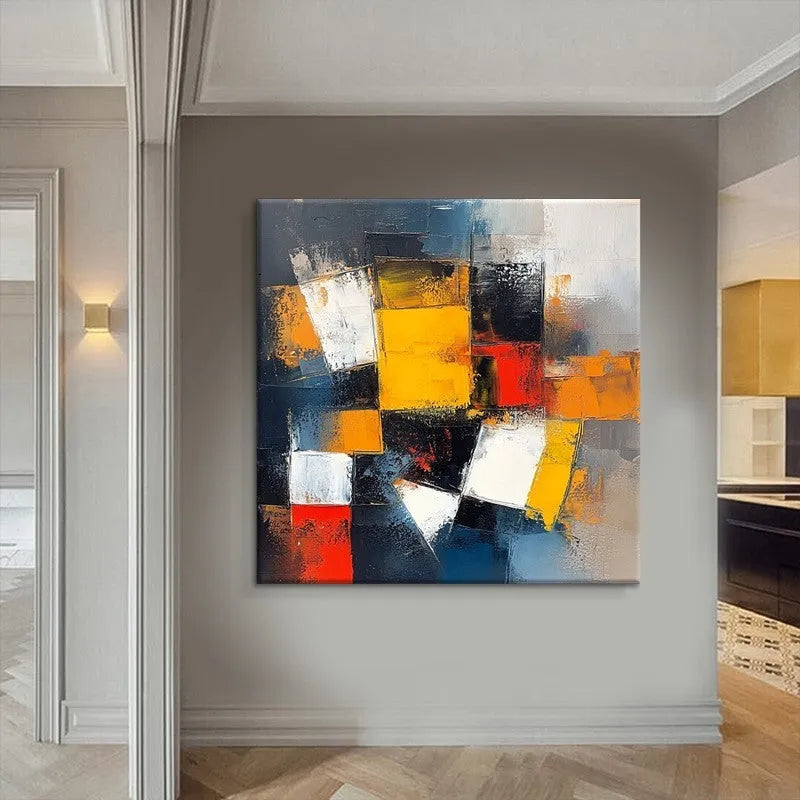 Hand-painted abstract oil painting on canvas, square unframed size 80x80cm, colourful design on white background.