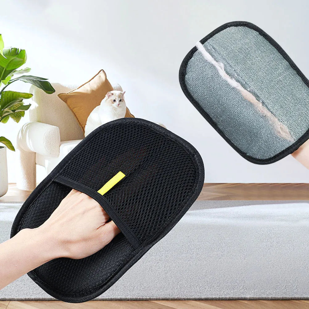 Black pet hair remover mitt measuring 24 by 16 centimetres with dual-sided silicone bristles for grooming dogs cats rabbits