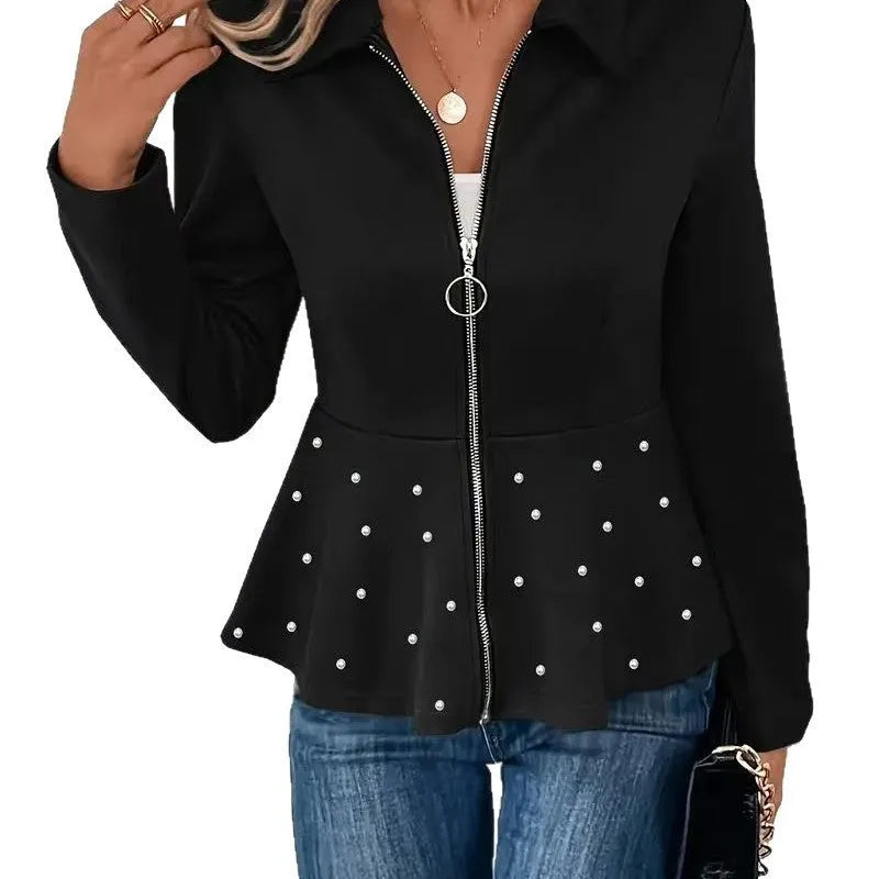 Women's black spandex coat with beaded heavy-duty zipper and ruffled hem detail