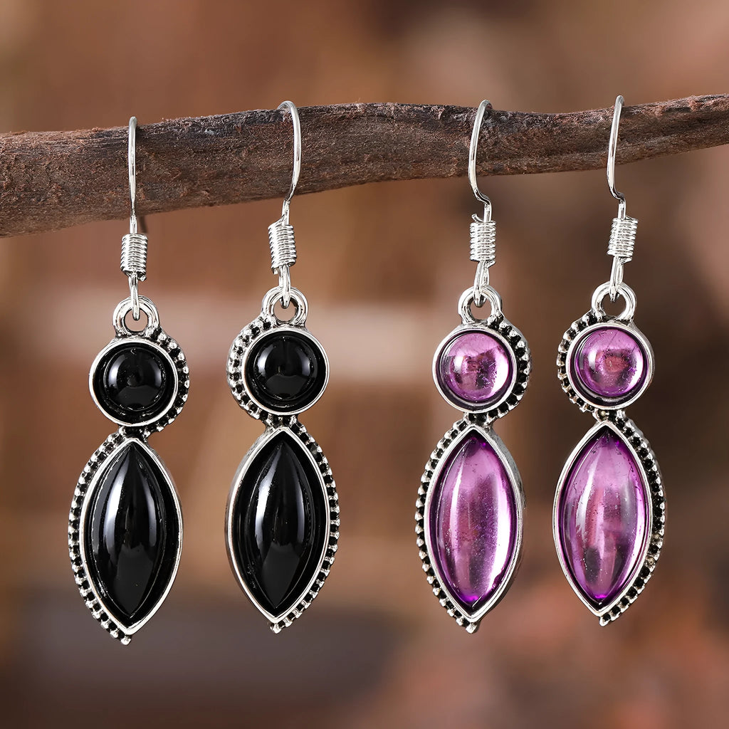 Vintage black and purple gemstone pendant earrings with geometric round design on zinc alloy