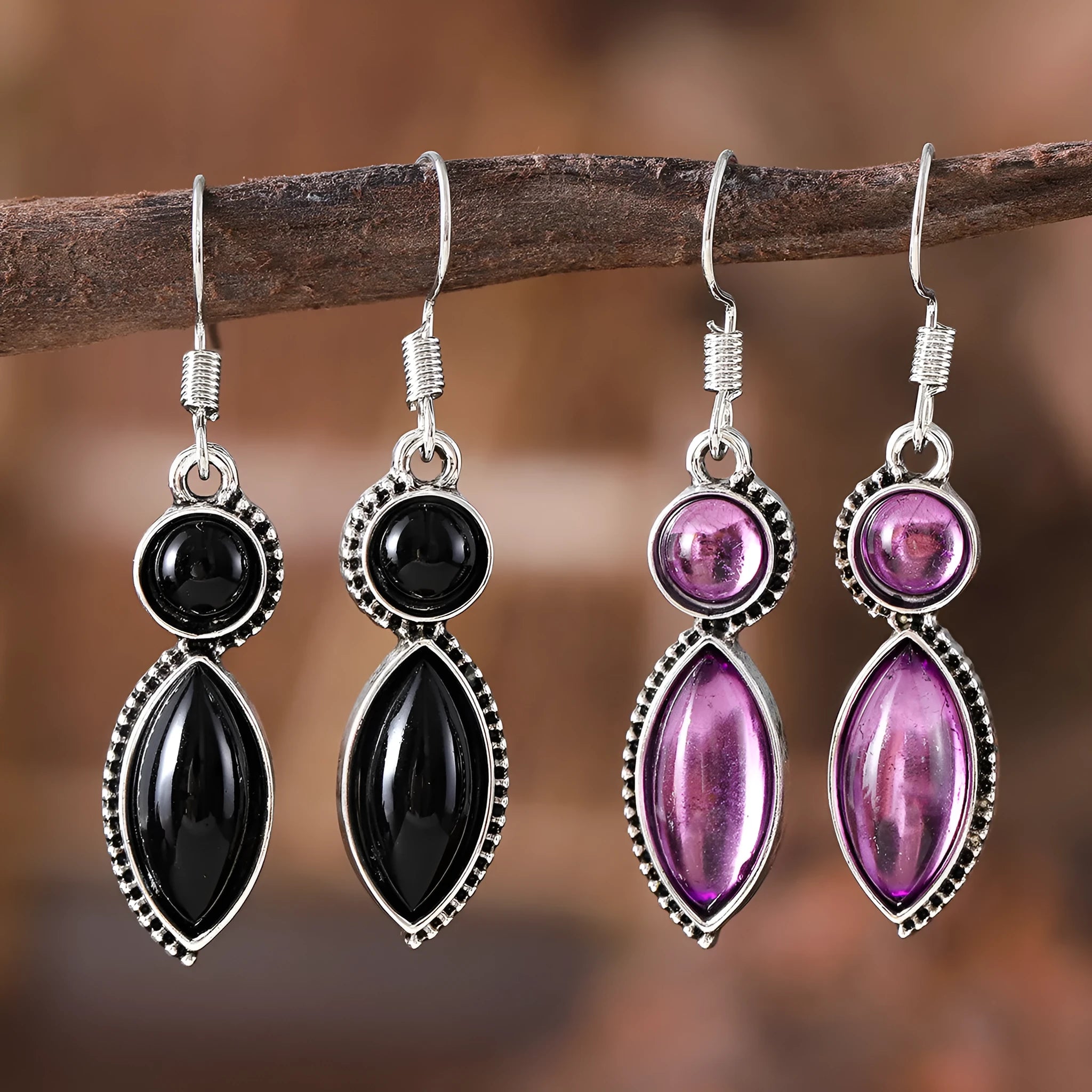 Vintage black and purple gemstone pendant earrings with geometric round design on zinc alloy