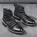 Black PU leather cowboy boots with a side zipper, horseshoe heel, and round toe on a white background.