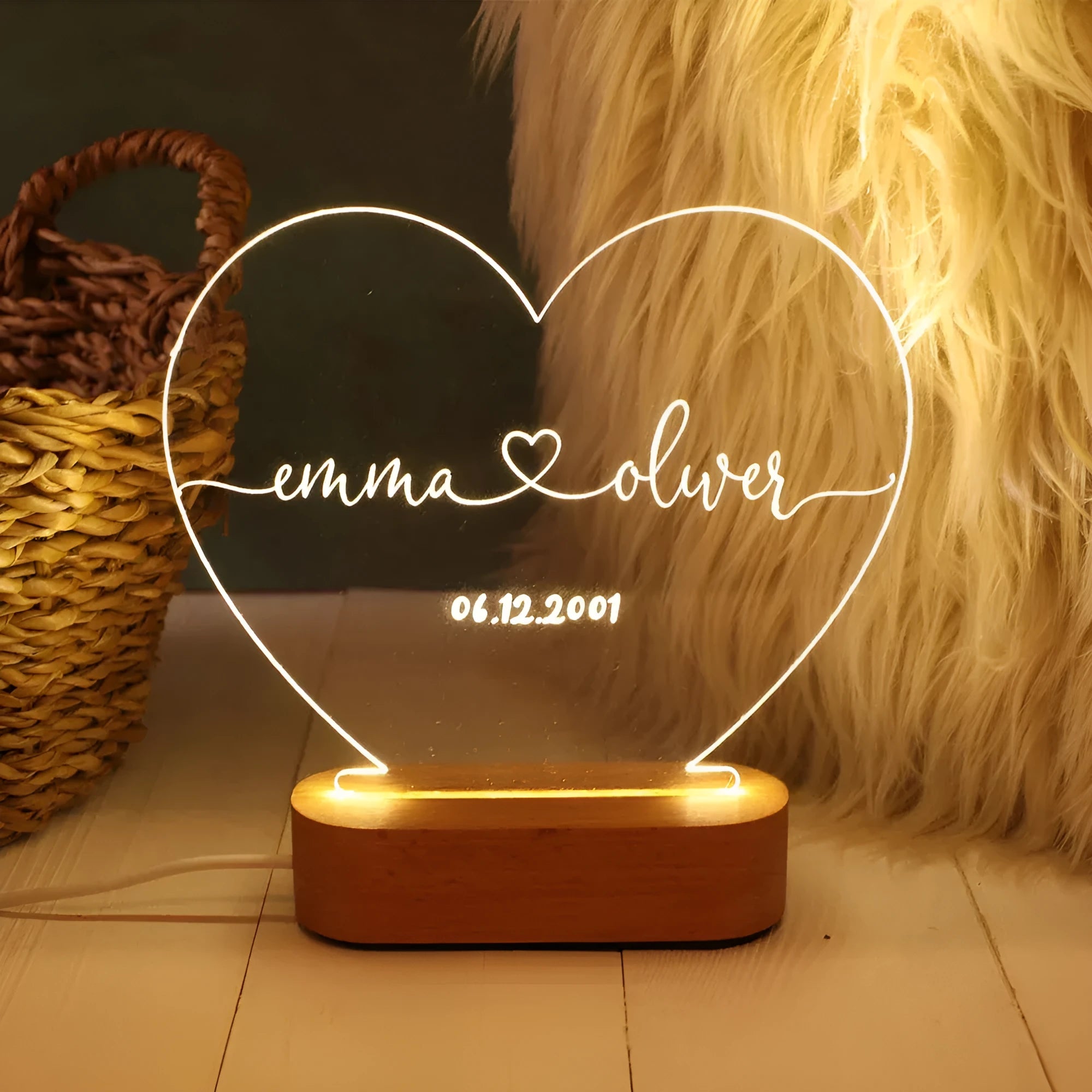Custom names and date night light with 20cm acrylic plate and LED base