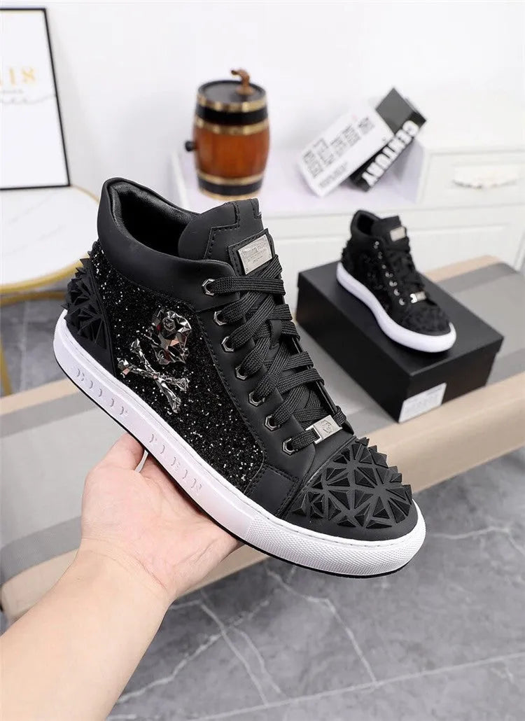 Men's black genuine leather high top skeleton shoes with lace-up closure and rubber soles