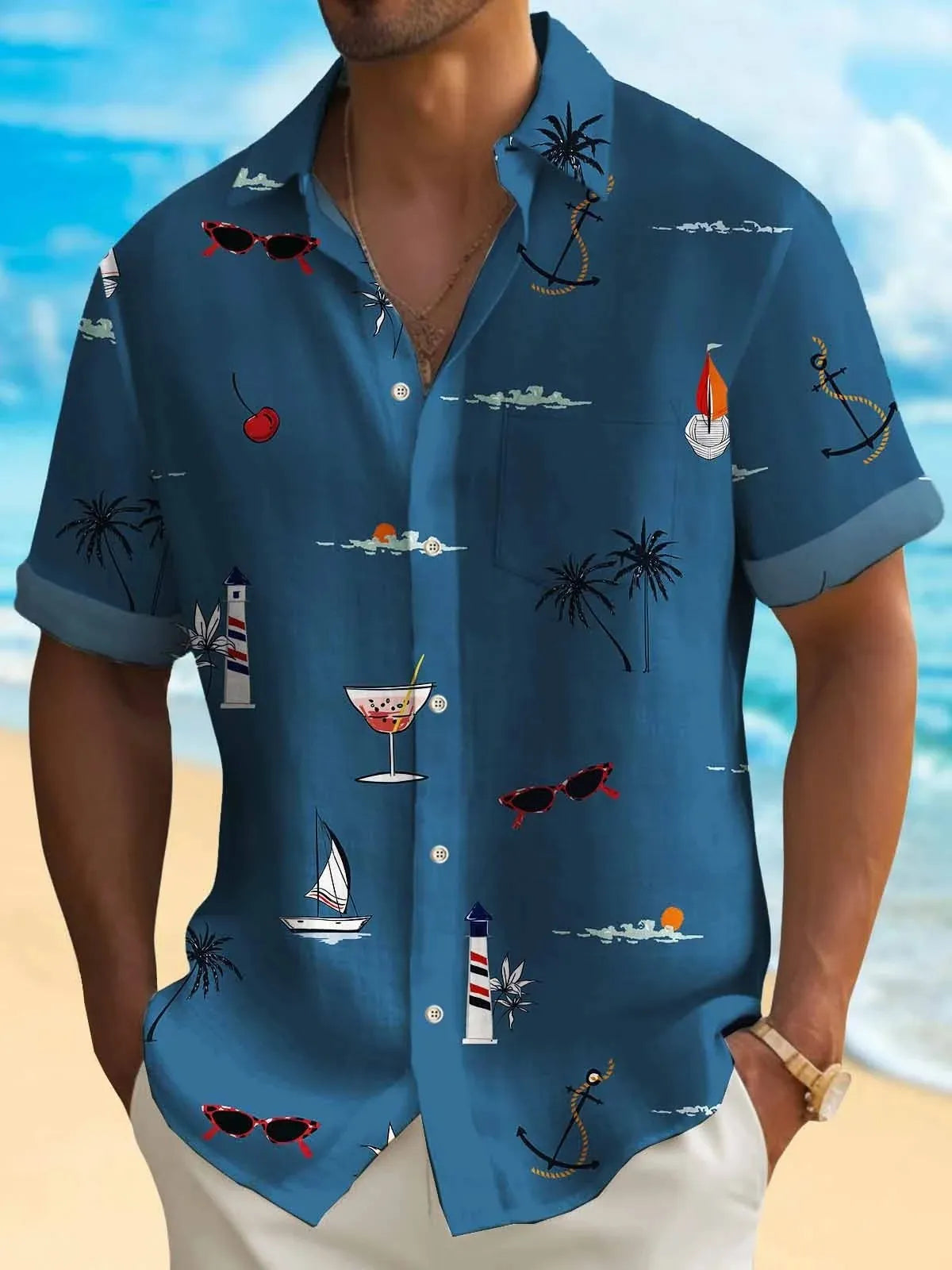 Men's loose fit Hawaiian shirt with digital printing pattern on polyester fabric