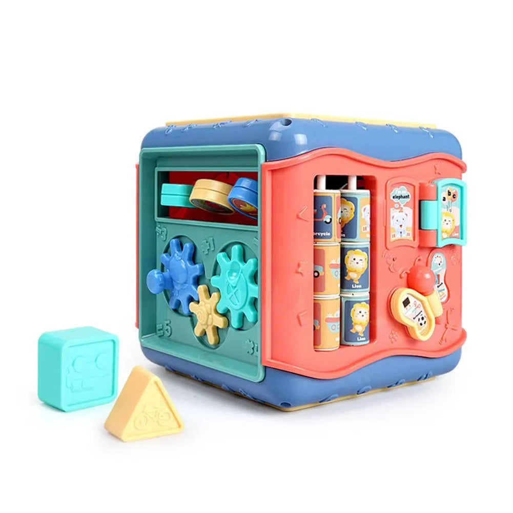 Baby hexahedron educational toy with six different Montessori learning activities on each side
