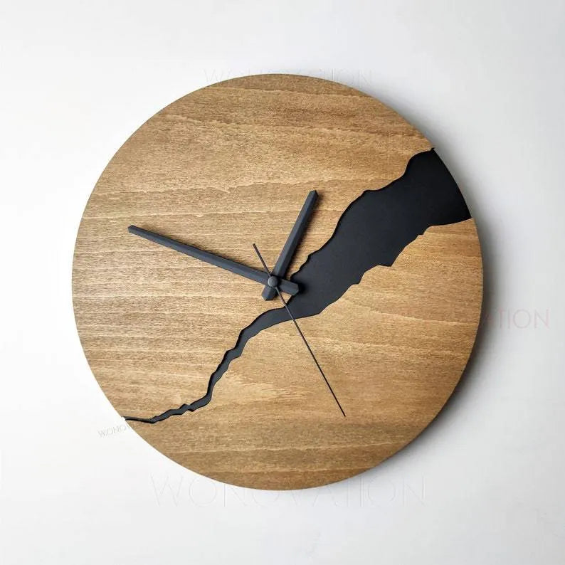 Modern wooden wall clock with creative crack design in one of five colour options