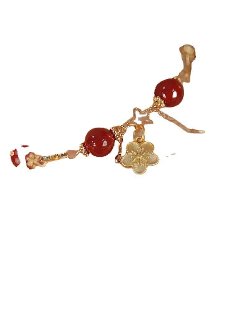 Handmade red agate double layer bracelet with floral and peach blossom ethnic design for women
