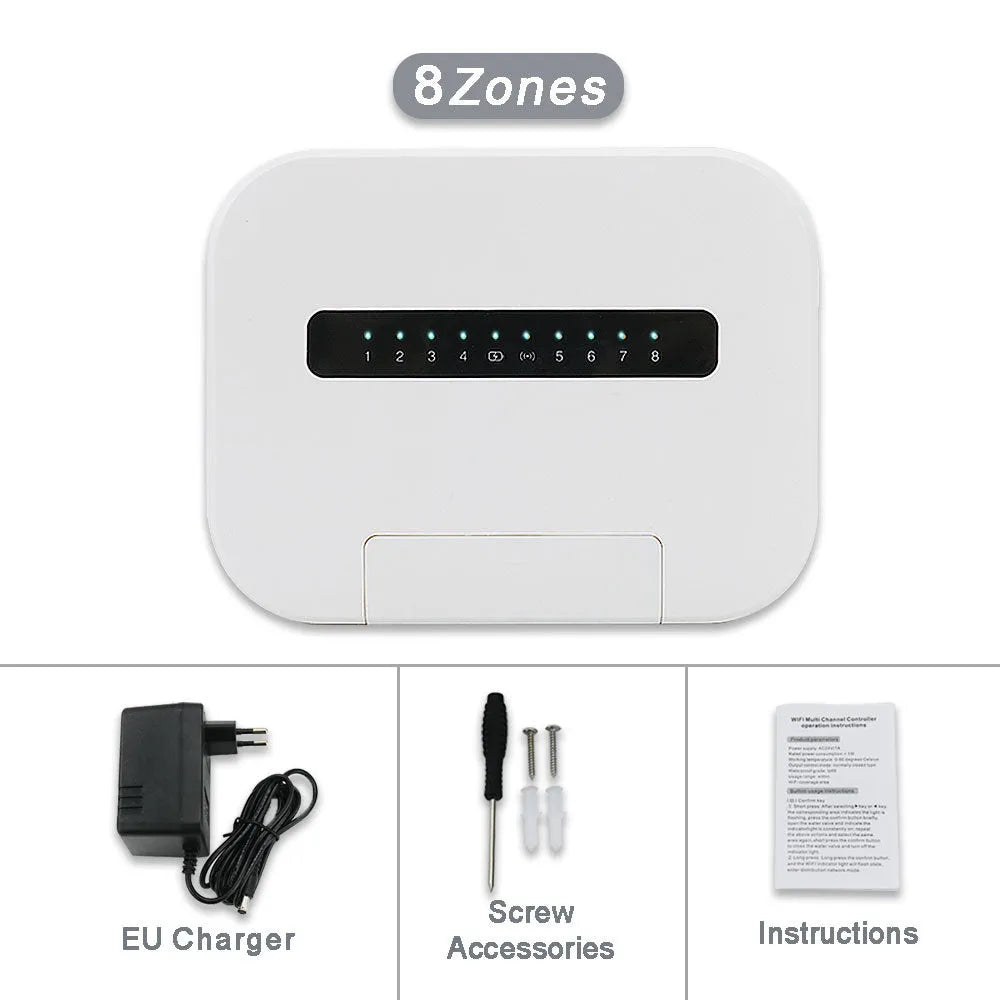 8-way smart water valve irrigation controller with wireless bridge, available in white green gray and black for EU garden use