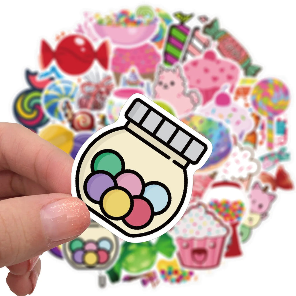 Colourful candy graffiti sticker sheets with cartoon designs measuring 4-6cm