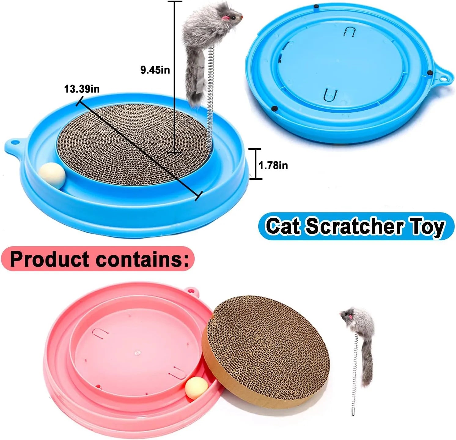 Blue and pink interactive cat scratcher toy with ball track and mouse swatter on a round base.