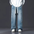 Retro patchwork washed oversized jeans for men in black, blue, and gray blue