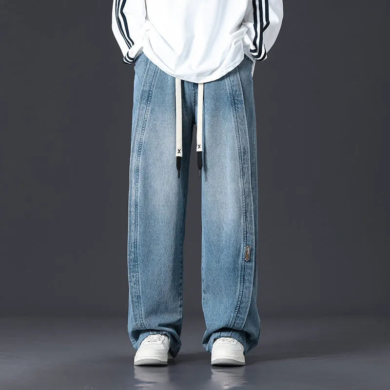Retro patchwork washed oversized jeans for men in black, blue, and gray blue