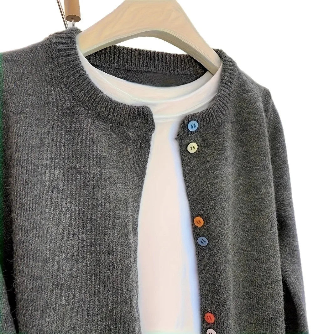Dark grey women's polyester cardigan sweater with button front and regular fit