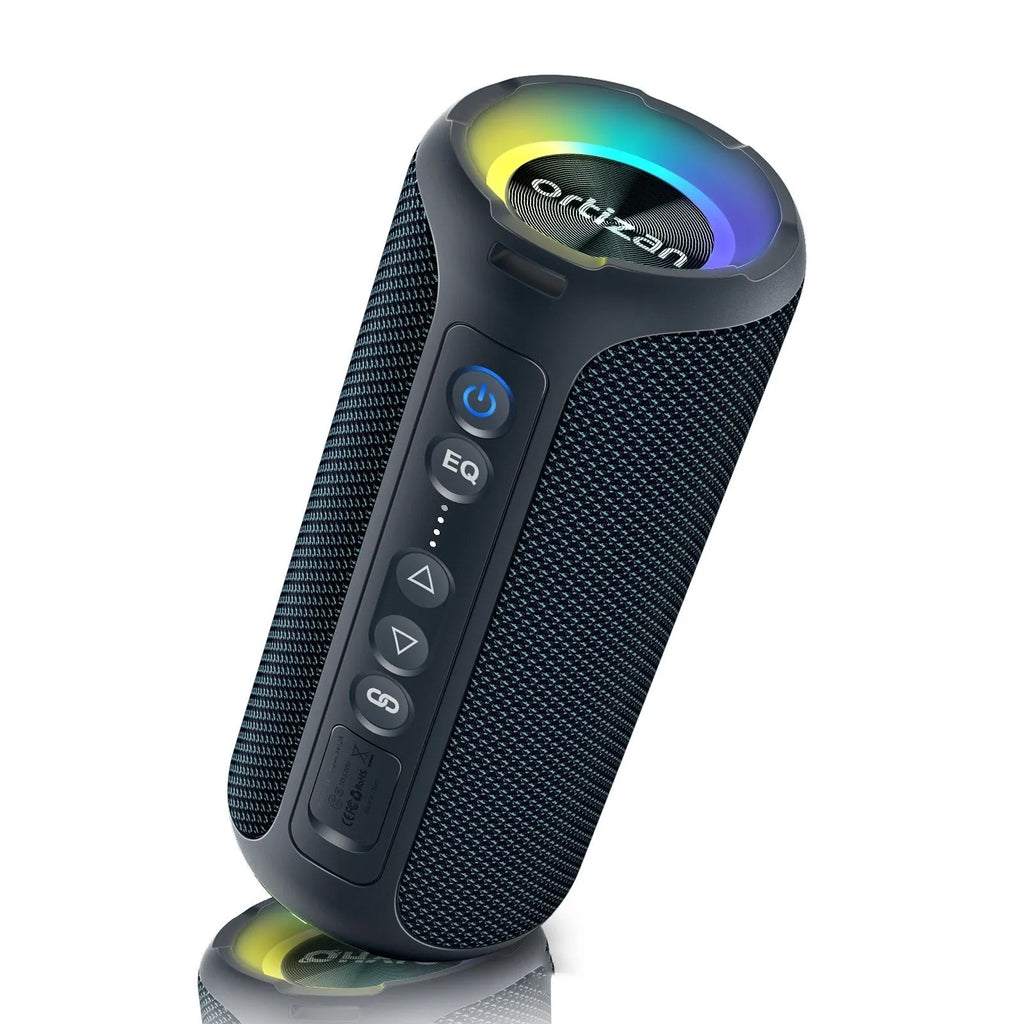 Black and blue fabric wireless Bluetooth speaker with 40W output, card slot, and lighting