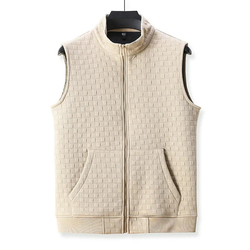 Men's casual sleeveless vest waistcoat in a neutral colour on a hanger.