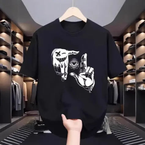Men's mesh t-shirt with cartoon digital print showing round neck and short sleeve design