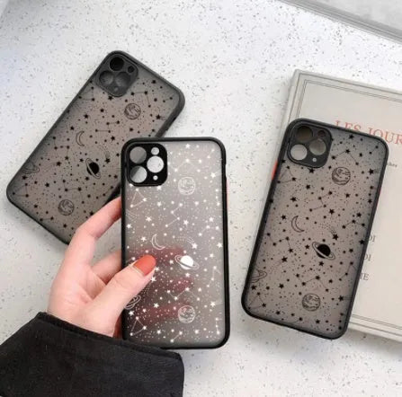 Black and white iPhone cases with textured surface and blue light reduction feature for multiple models.
