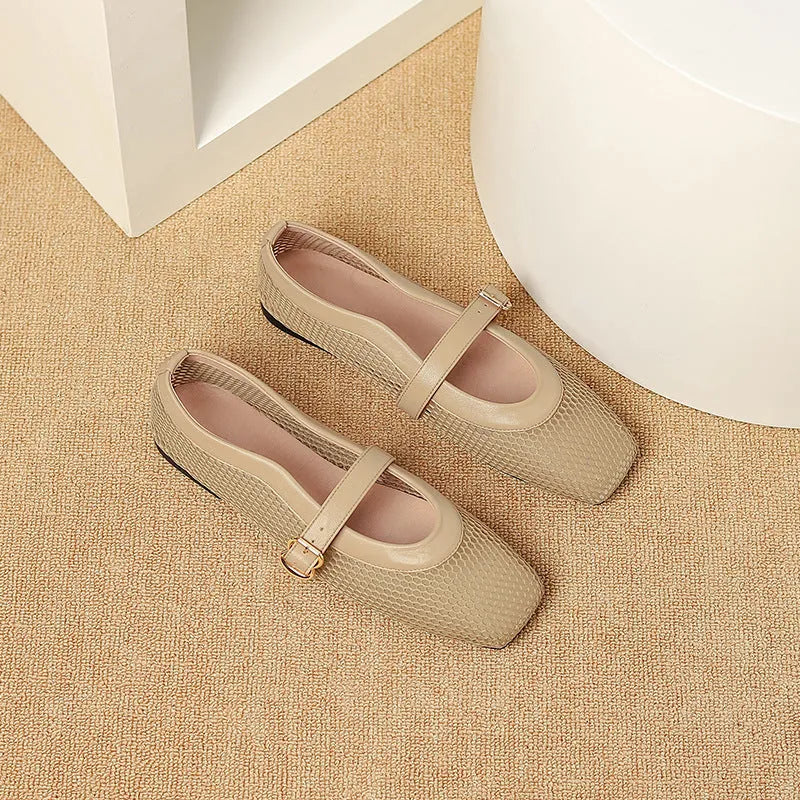 Women's low-heel mesh pump shoe in beige colour with a buckle closure and square toe.