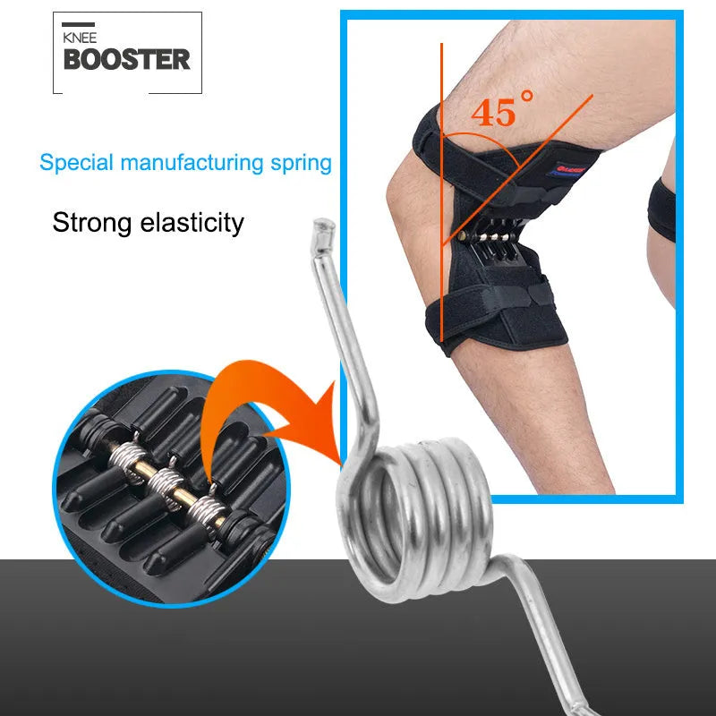 Adjustable spring knee brace for patella support in black colour with straps and venting holes