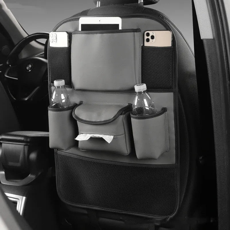 Leather car seat back storage bag in suspended mounting position
