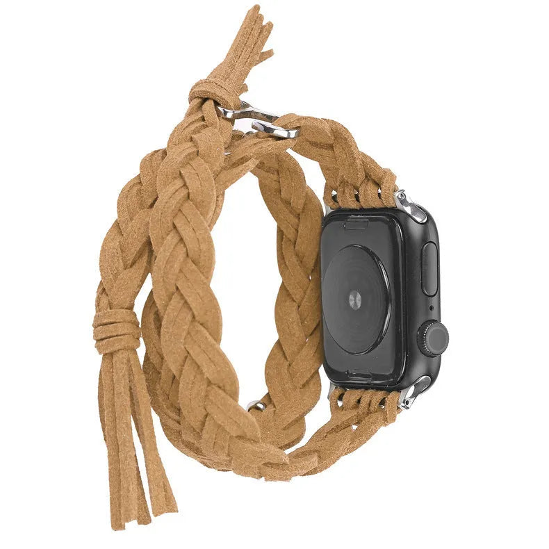 Genuine leather cord braided smart watch strap for iWatch in Black, Brown, Dark Brown, Green, Pink, and Red sizes 38/40/41mm and 42/44/45mm