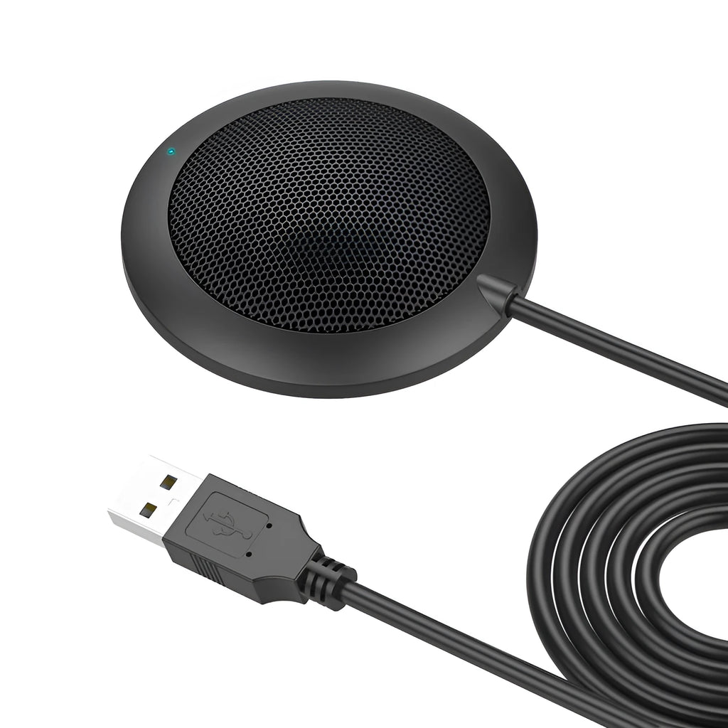 Black USB omnidirectional desktop microphone with metal mesh cover and 70mm diameter design