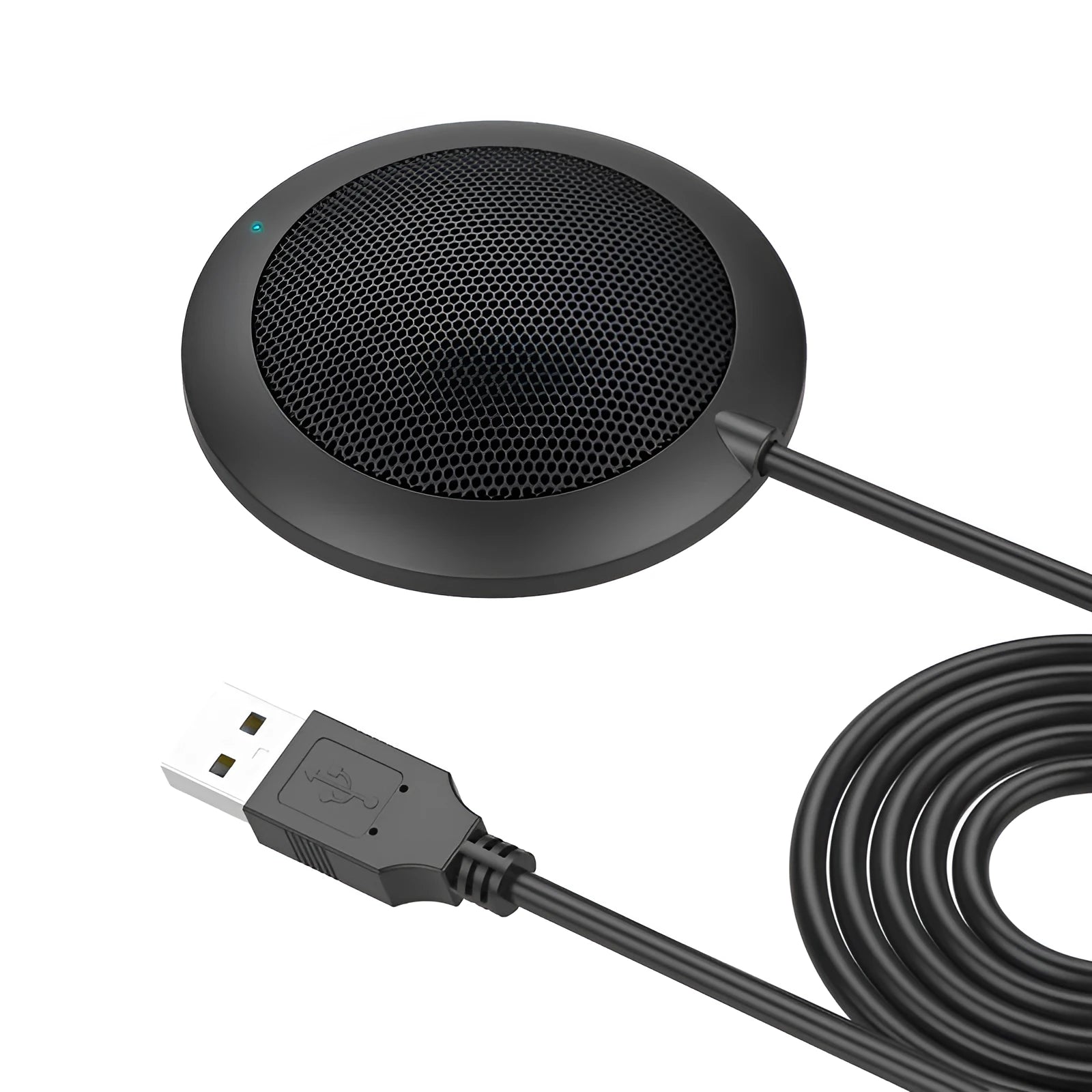 Black USB omnidirectional desktop microphone with metal mesh cover and 70mm diameter design