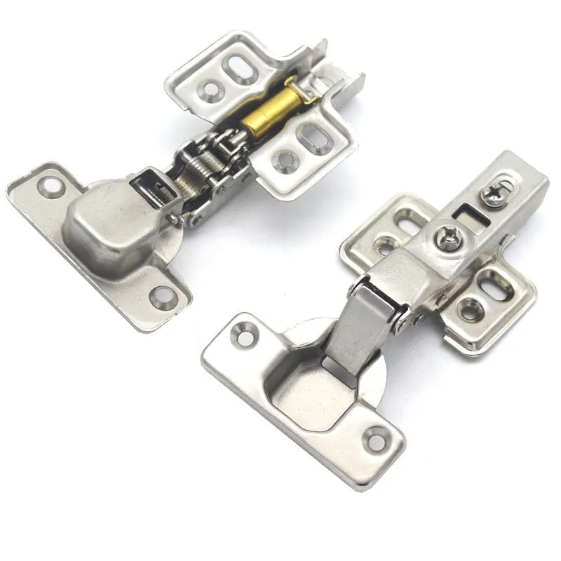 Nickel-plated cold rolled steel hydraulic hinge for cabinet doors with damping mechanism.