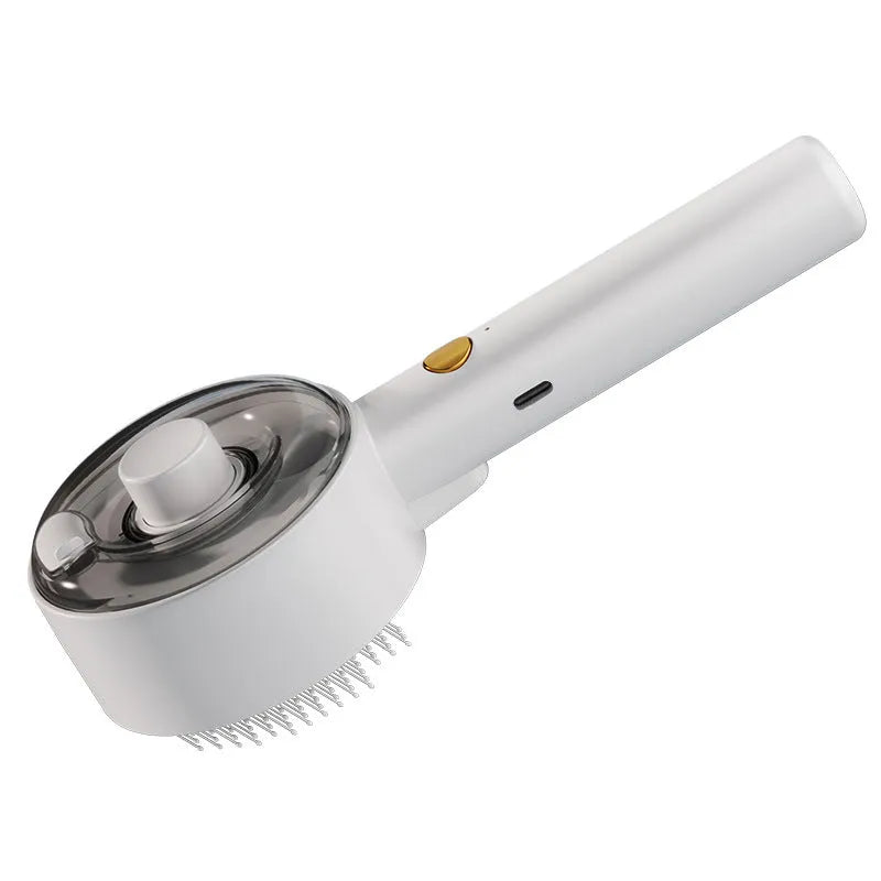 Ceramic white pet grooming brush with spray nozzle, UVC blue light, and fine needles for dogs and cats.