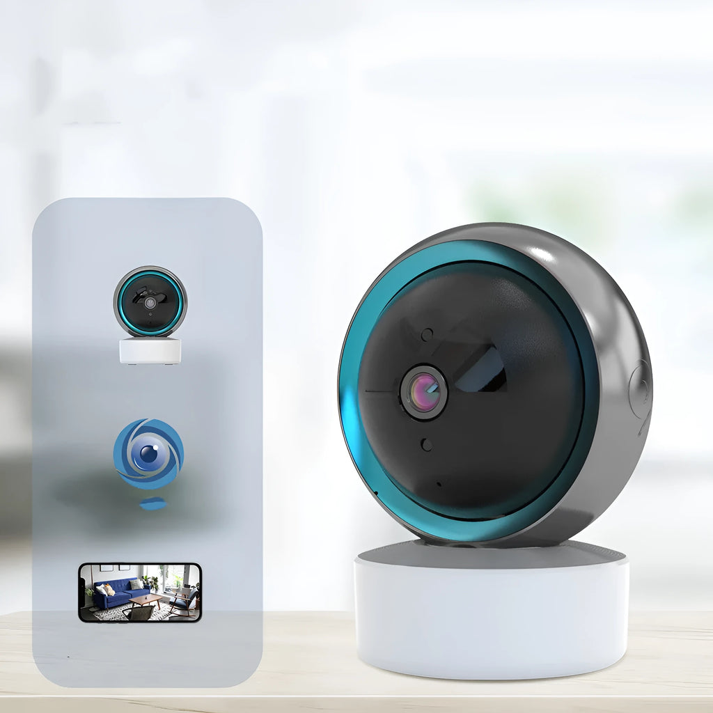 White indoor security camera with 360-degree rotation on stand showing WiFi connectivity