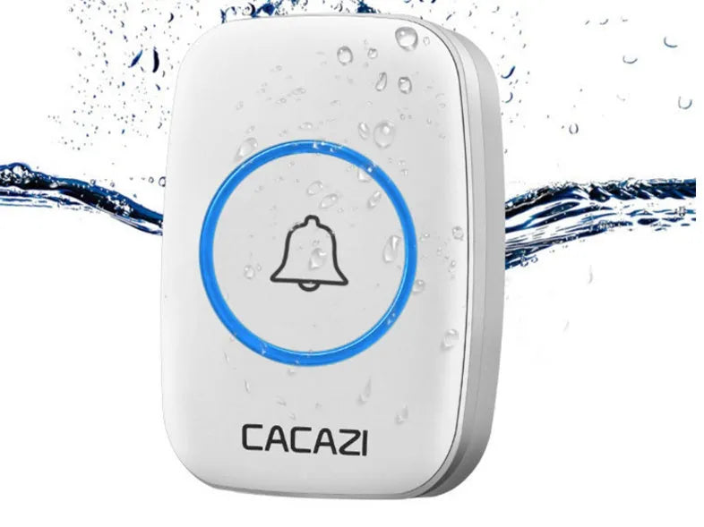 Wireless doorbell receiver and push button transmitter in black and white finishes.