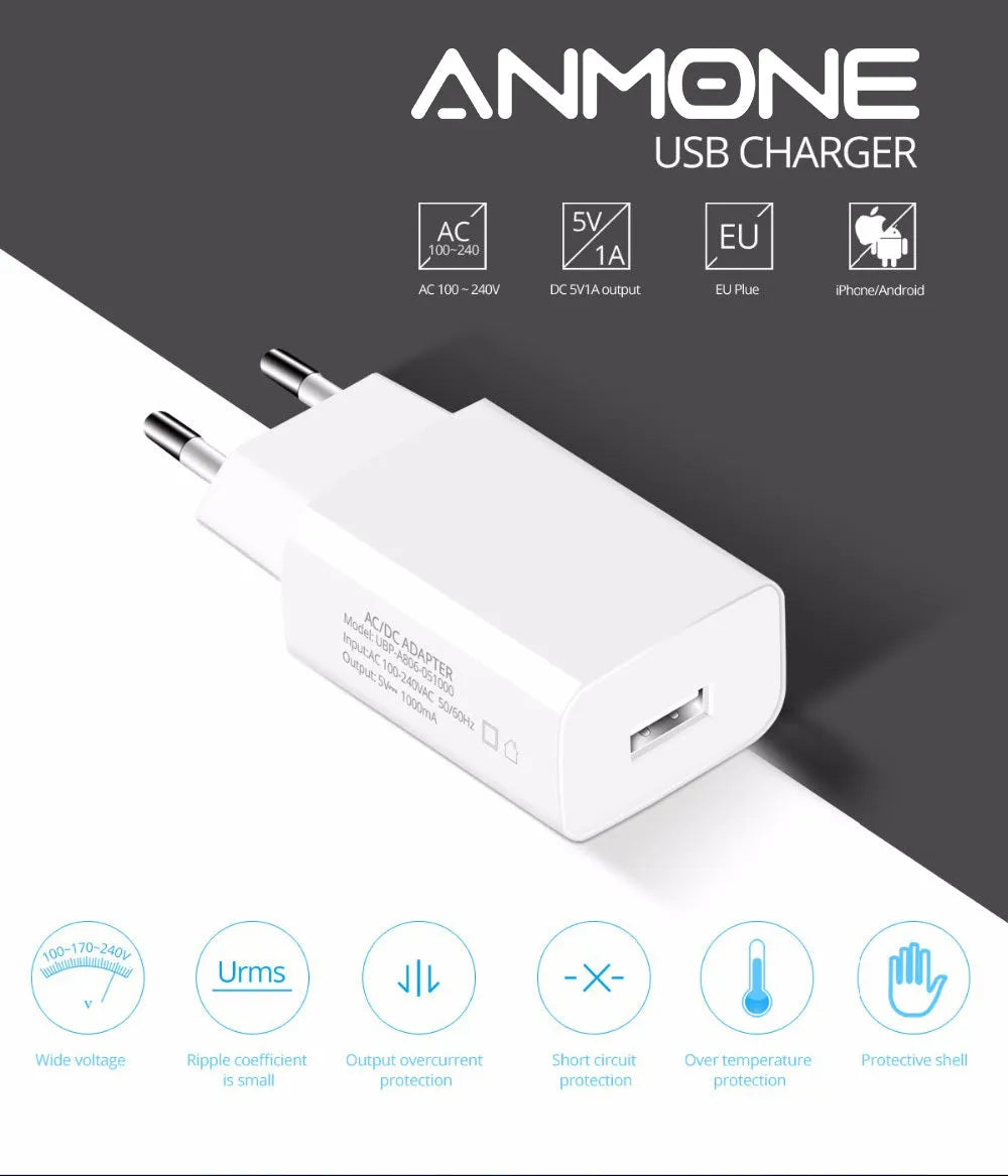 White 5V 1000mA European standard household power charger with EU plug and USB output
