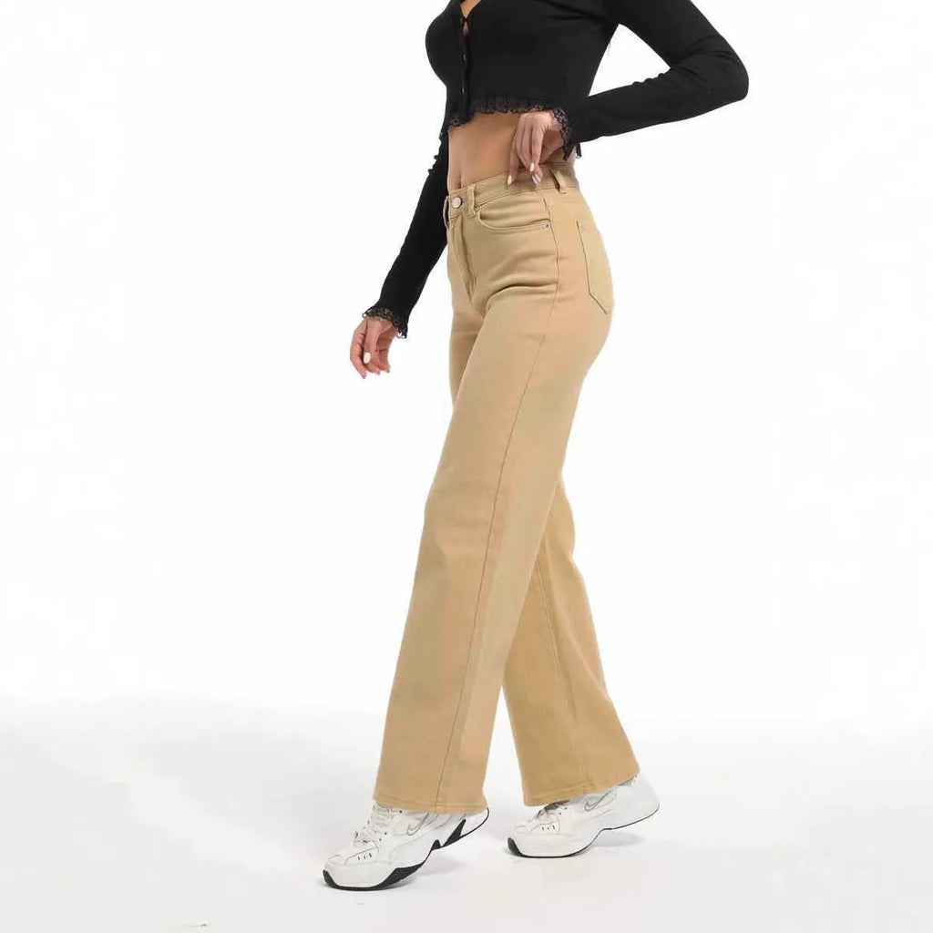 Women's straight wide leg jeans in apricot colour with high waist design
