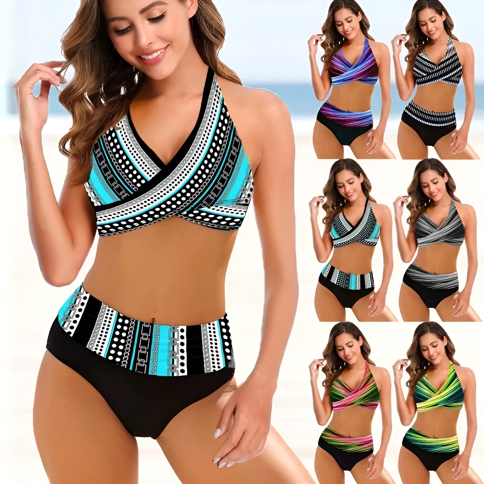 Ladies striped tie-dye bikini set with hollow details and high-waisted briefs on a model.