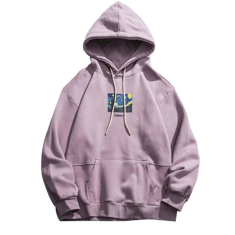 Purple men's long sleeve hooded sweatshirt made from 100% cotton with side slit pockets on display