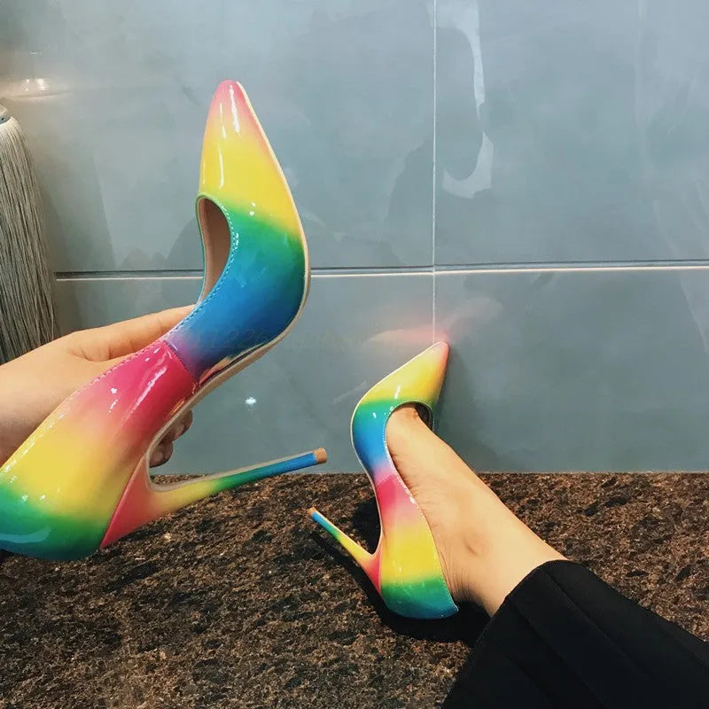Rainbow patent leather women's high heels with thin ultra-high heel and pointed toe