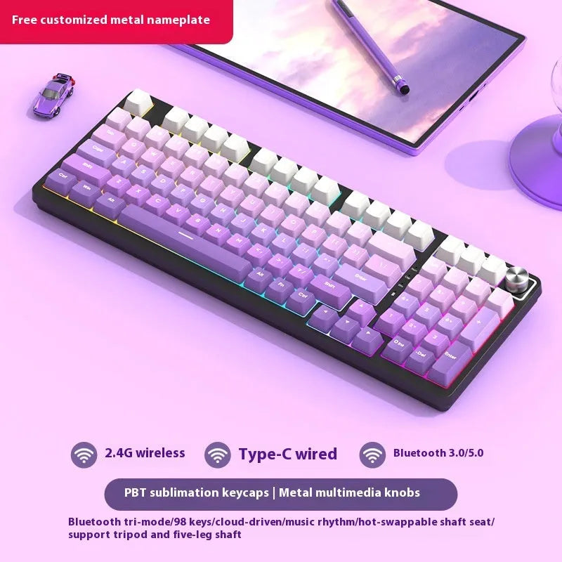 98 key wireless Bluetooth mechanical keyboard kit with metal knob and multiple colour options