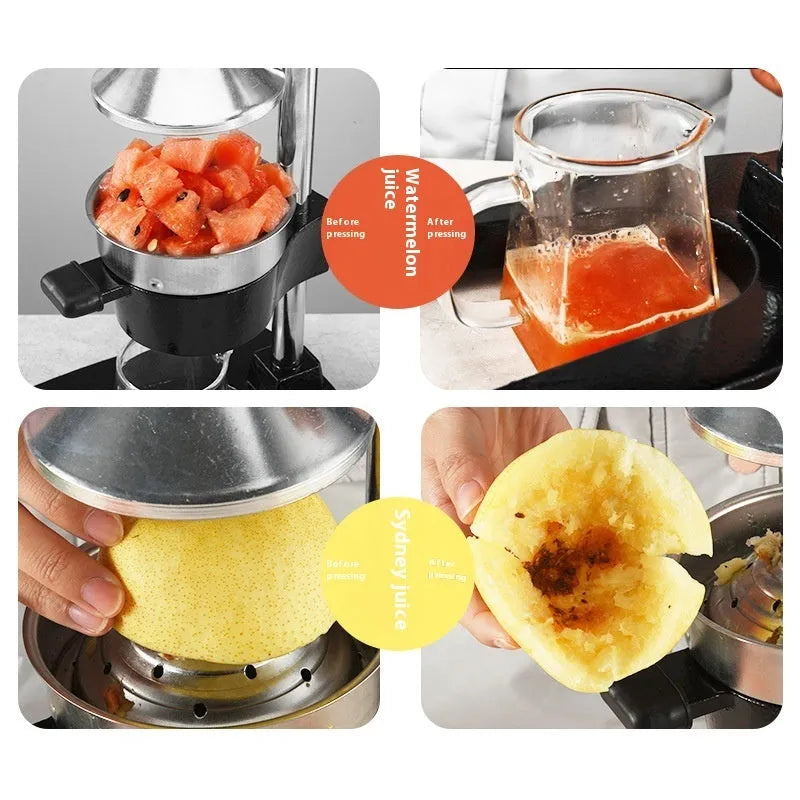 Black or white cast iron manual citrus juicer with stainless steel funnel on a kitchen counter.