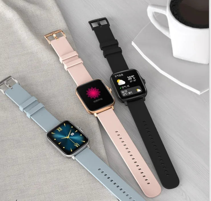 Black smart watch with 1.7-inch colour touchscreen on an adjustable strap, showing a fitness tracking interface.